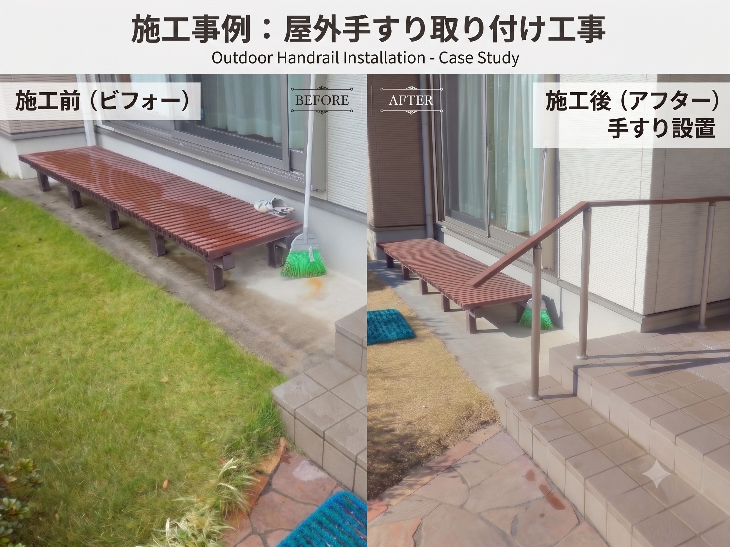 M様邸　アプローチに合わせた連続手すり　安全な歩行をサポートする屋外用手すり